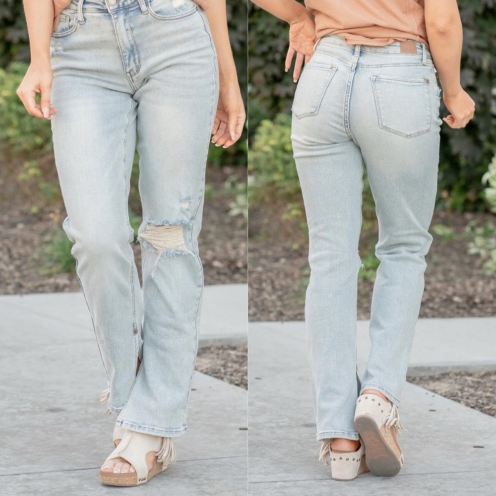 Judy Blue Adrian Jeans High Rise Slit Hem Straight Leg Size 13/31 Light Blue
